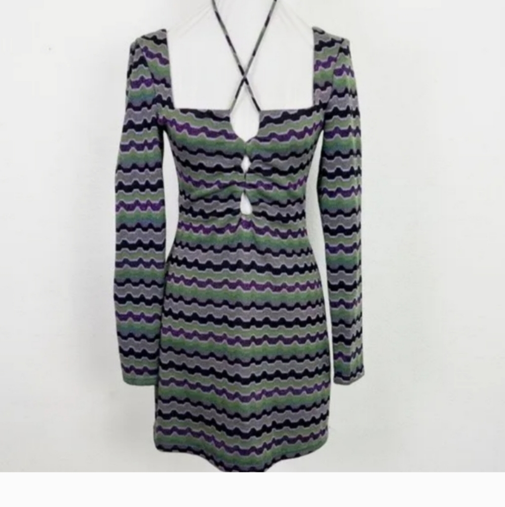 New 🎀 Zara square neck lace up long sleeves knit metallic wave dress